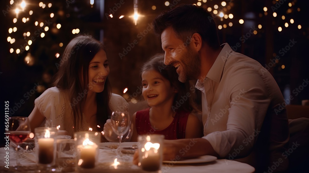 Happy family father mother and daughter having dinner together to celebrate christmas holiday together with sparkler ai generated