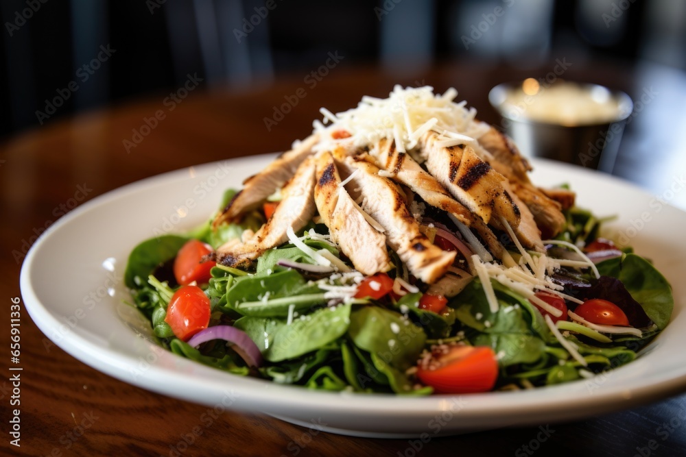 grilled chicken salad with sprinkled parmesan cheese grilled chicken salad with sprinkled parmesan cheese