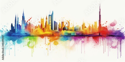 Stampa su tela Rainbow Aquarelle Silhouette of Dubai's Iconic Cityscape, Showcasing the Majesti