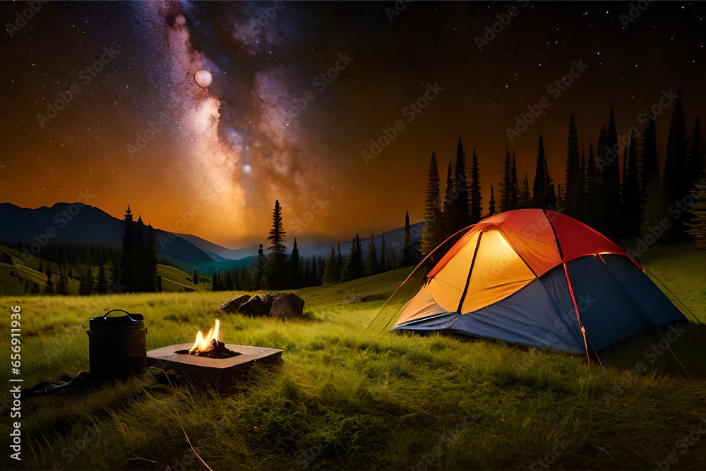  an adventurous and vibrant poster for a mountain camping expedition, featuring a starry night sky and a cozy campfire,mountain silhouettes and bonfire | Generative AI