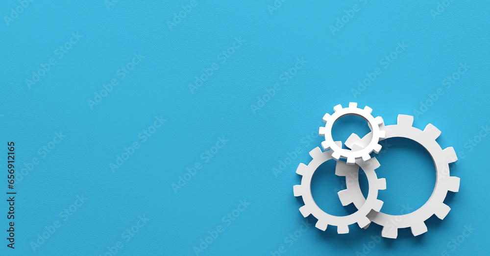 Broken business process or workflow failure concept. Cogwheels or gears on each other on blue background. - obrazy, fototapety, plakaty 