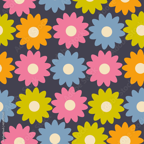 Seamless vector pattern with colorful groovy daisy flowers.Y2k aesthetic.Groovy 70s seamless patterns with daisy flowers.Hippy texture for wrapping paper,surface design, textile print.
