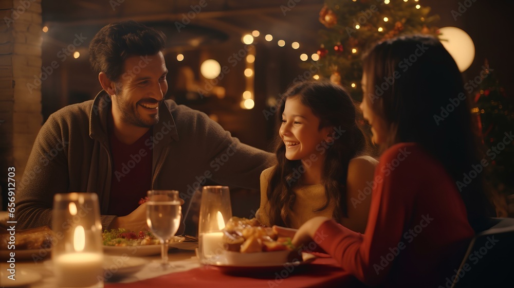 family father mother and daughter having dinner together to celebrate christmas holiday ai genearted