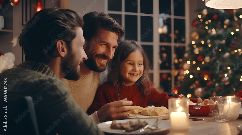 family father mother and daughter having dinner together to celebrate christmas holiday ai genearted