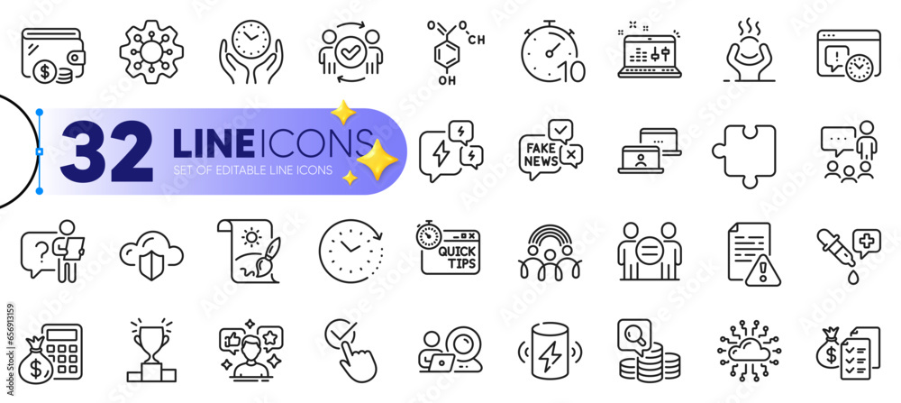 Outline set of Time change, Accounting wealth and Project deadline line icons for web with Cloud protection, Charge battery, Quick tips thin icon. Difficult stress, Timer. Vector Outline set of Time change, Accounting wealth and Project deadline line icons for web with Cloud protection, Charge battery, Quick tips thin icon. Difficult stress, Timer. Vector