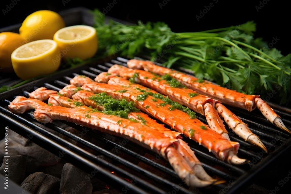seasoning crab legs on grill stand with fresh herbs