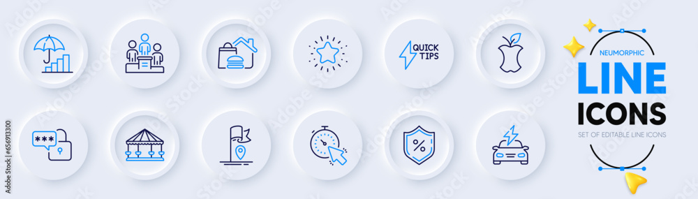 Twinkle star, Car charging and Lock line icons for web app. Pack of Inflation, Quickstart guide, Timer pictogram icons. Carousels, Food delivery, Business podium signs. Organic waste. Vector Twinkle star, Car charging and Lock line icons for web app. Pack of Inflation, Quickstart guide, Timer pictogram icons. Carousels, Food delivery, Business podium signs. Organic waste. Vector