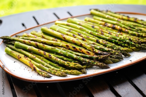 bunch of asparagus with grill marks displayed on a platter