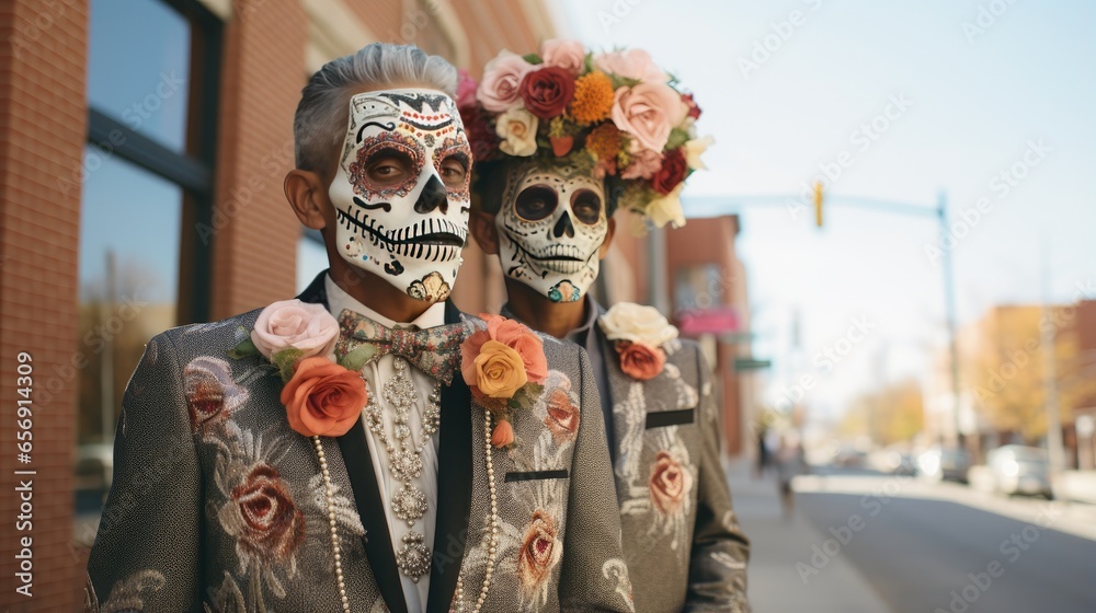 Two people are dressed in classic clothes and with painted faces. Concept for Halloween or Day of the Dead.