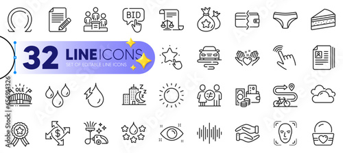 Outline set of Bike path, Route and Face detection line icons for web with Hydroelectricity, Cursor, Bid offer thin icon. Payment methods, Waterproof, Article pictogram icon. Quality. Vector