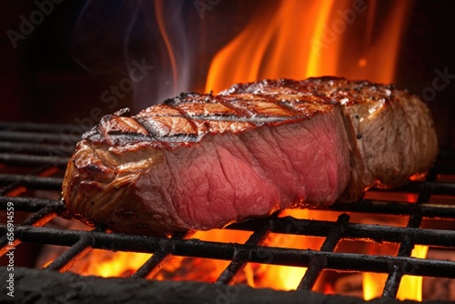 steak over boisterous flames on a barbecue grill