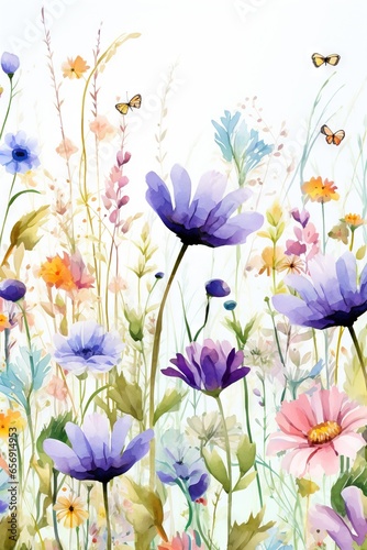 Fleurs multicolores sans couture aquarelle minimaliste avec feuilles, plantes et insectes. Vecteur, idéal pour les cartes postales, les affiches, la décoration. IA générative, générative, IA