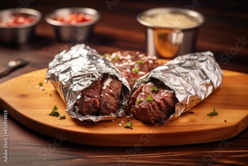 gyros wrapped in aluminum foil on a wooden board photo