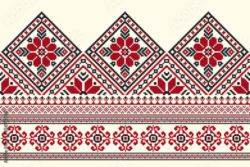 flower embroidery on cream background. ikat and cross stitch geometric seamless pattern ethnic oriental traditional. Aztec style illustration design for carpet, wallpaper, clothing, wrapping, batik.	