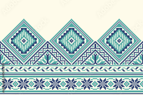 flower embroidery on cream background. ikat and cross stitch geometric seamless pattern ethnic oriental traditional. Aztec style illustration design for carpet, wallpaper, clothing, wrapping, batik.	