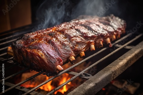 ribs being smoked on hickory wood in a closed barbecue