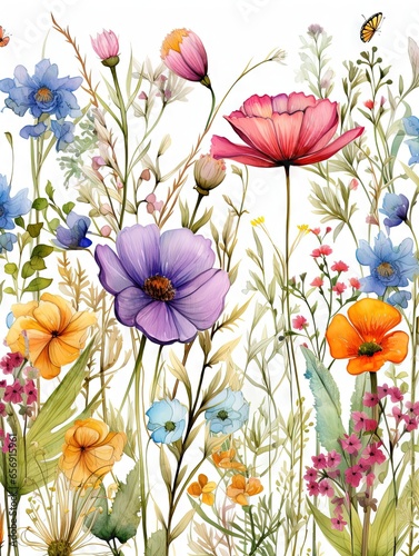Fleurs multicolores abstraites minimalistes sans couture avec feuilles, plantes et insectes. Vecteur, idéal pour les cartes postales, les affiches, la décoration. IA générative, générative, IA © Merilno