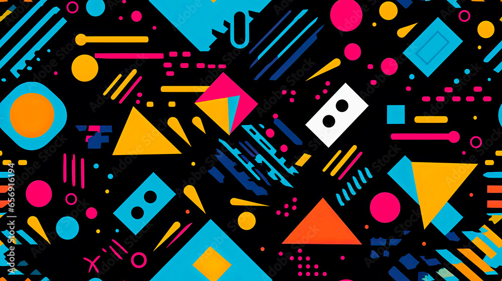 Colorful 90s seamless art collage with bold abstract shapes and colors. For wall art, covers, interior decoration, and backgrounds. Repeatable or tiled texture. Colorful 90s seamless art collage with bold abstract shapes and colors. For wall art, covers, interior decoration, and backgrounds. Repeatable or tiled texture.