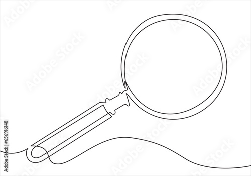 One continuous line illustration of magnifying glass. Continuous line drawing of magnifying glass lens. Vector illustration.