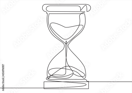 One continuous line drawing of hourglass with flow sand. Retro timer as time passing concept for countdown and business deadline in simple linear style isolated on white. 