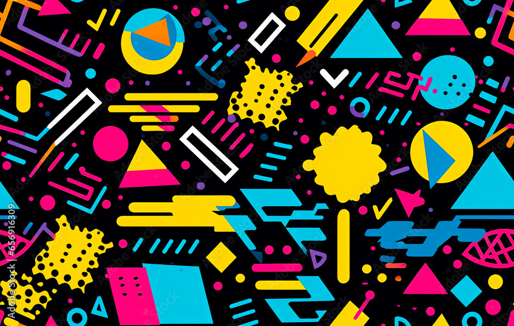Colorful 90s seamless art collage with bold abstract shapes and colors. For wall art, covers, interior decoration, and backgrounds. Repeatable or tiled texture. Colorful 90s seamless art collage with bold abstract shapes and colors. For wall art, covers, interior decoration, and backgrounds. Repeatable or tiled texture.