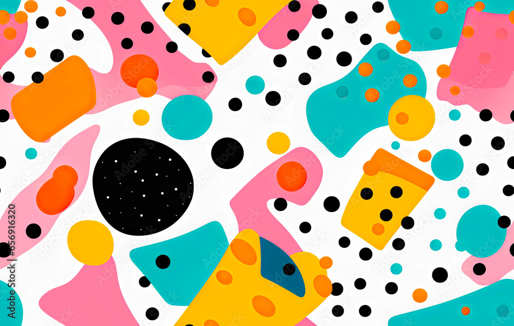 Colorful 90s seamless art collage with bold abstract shapes and colors. For wall art, covers, interior decoration, and backgrounds. Repeatable or tiled texture. Colorful 90s seamless art collage with bold abstract shapes and colors. For wall art, covers, interior decoration, and backgrounds. Repeatable or tiled texture.