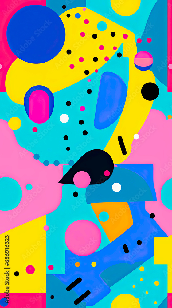 Colorful 90s seamless art collage with bold abstract shapes and colors. For wall art, covers, interior decoration, and backgrounds. Repeatable or tiled texture. Colorful 90s seamless art collage with bold abstract shapes and colors. For wall art, covers, interior decoration, and backgrounds. Repeatable or tiled texture.