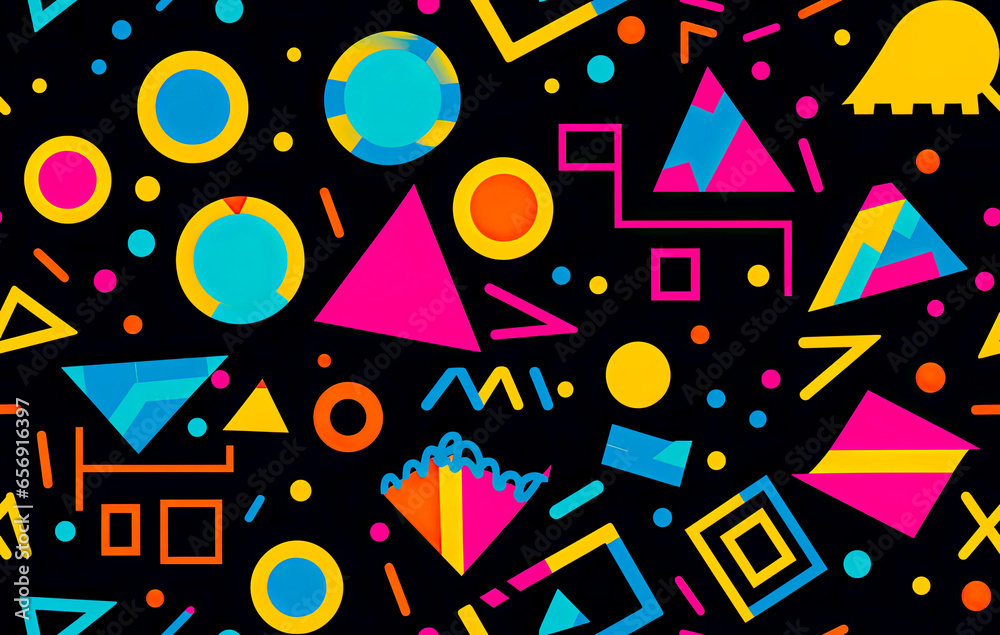 Colorful 90s seamless art collage with bold abstract shapes and colors. For wall art, covers, interior decoration, and backgrounds. Repeatable or tiled texture. Colorful 90s seamless art collage with bold abstract shapes and colors. For wall art, covers, interior decoration, and backgrounds. Repeatable or tiled texture.