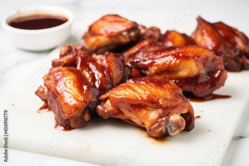 close shot of honey bbq wings smeared with thick sauce on a white marble countertop