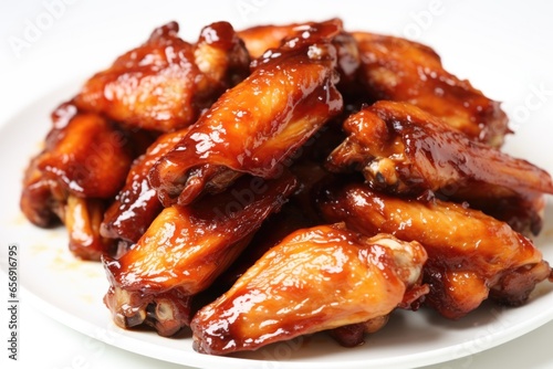 a close-up of honey bbq chicken wings on a white plate