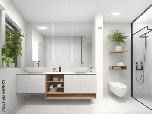 bathroom with sleek fixtures  clean lines  and efficient storage solutions 