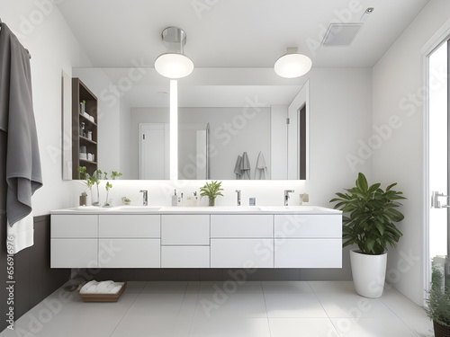 bathroom with sleek fixtures, clean lines, and efficient storage solutions, showcasing a modern and functional bathing area.