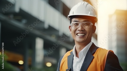 building sector and industrial workers concept. confident smiling asian architect, chief engineer in helmet ai generated