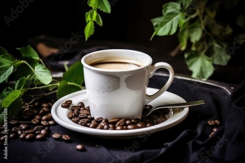 delicate porcelain cup filled with fresh, hot, black coffee