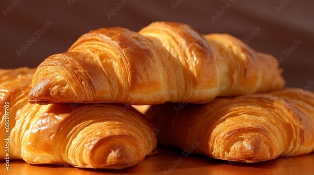 A stack of golden, buttery croissants with a flaky, tender interior.