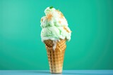 a mint ice cream cone shot against a turquoise background
