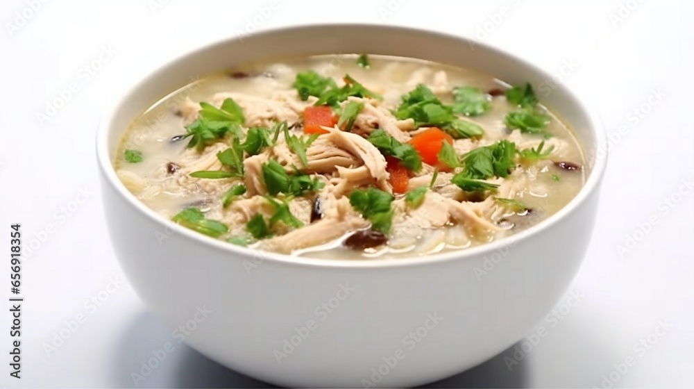 A steaming bowl of hearty chicken and wild rice soup with a sprinkle of fresh parsley.