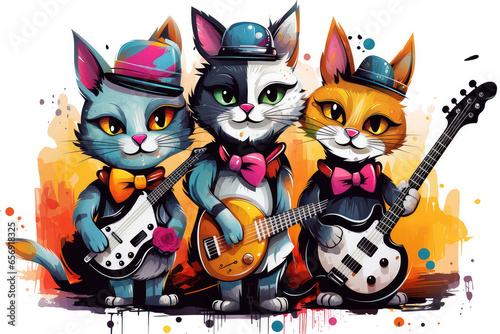 Abstract illustration of funny cartoon musical team of cats