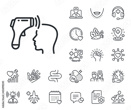 Temperature scanner sign. Online doctor, patient and medicine outline icons. Electronic thermometer line icon. Fever measuring symbol. Electronic thermometer line sign. Vector