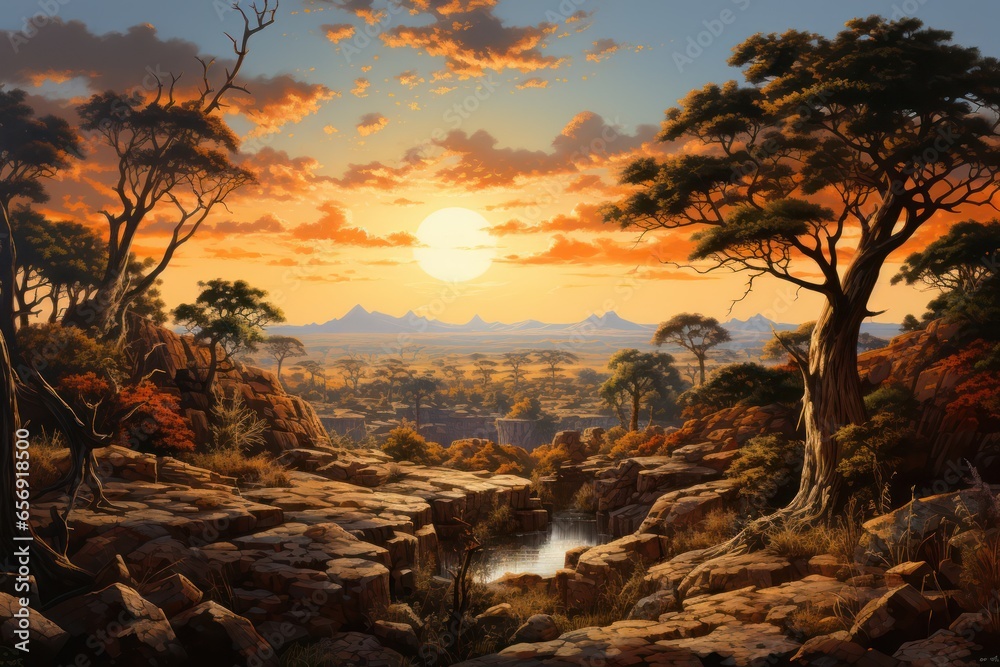 Sunset in the African savanna, amzing afica, wildlife, Generative AI