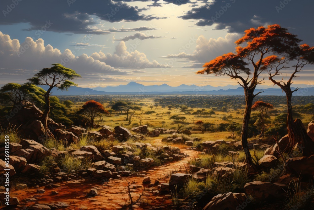 Sunset in the African savanna, amzing afica, wildlife, Generative AI - obrazy, fototapety, plakaty 