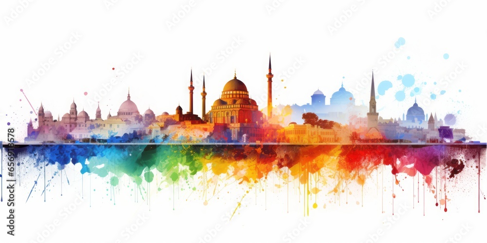 Fototapeta premium Rainbow Aquarelle Silhouette of Istanbul's Iconic Cityscape, Showcasing Hagia Sophia, Blue Mosque, and the Rich Tapestry of Turkish Culture