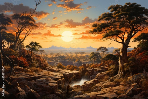 Sunset in the African savanna, amzing afica, wildlife, Generative AI photo