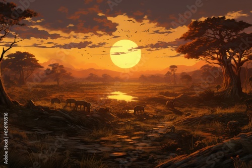 Sunset in the African savanna  amzing afica  wildlife  Generative AI