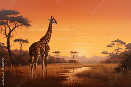 Beautiful image of a giraff and mother walking in the dry grass of savanna at sunset. African wildlife. Generative Ai © Gasia
