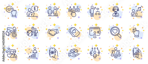 Outline set of Touchscreen gesture, Hold box and Outsource work line icons for web app. Include Love ticket, Business way, Air conditioning pictogram icons. Music, Shipping support. Vector