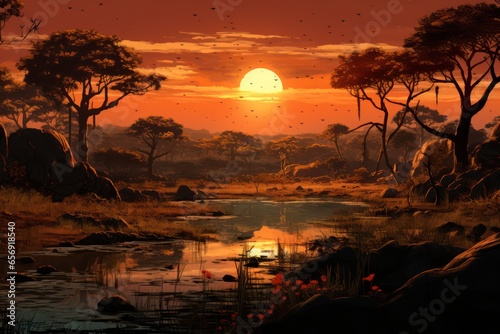 Sunset in the African savanna  amzing afica  wildlife  Generative AI