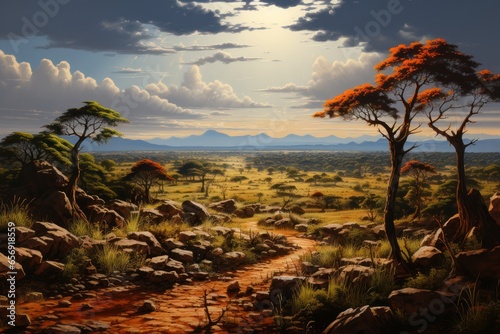 Sunset in the African savanna, amzing afica, wildlife, Generative AI photo
