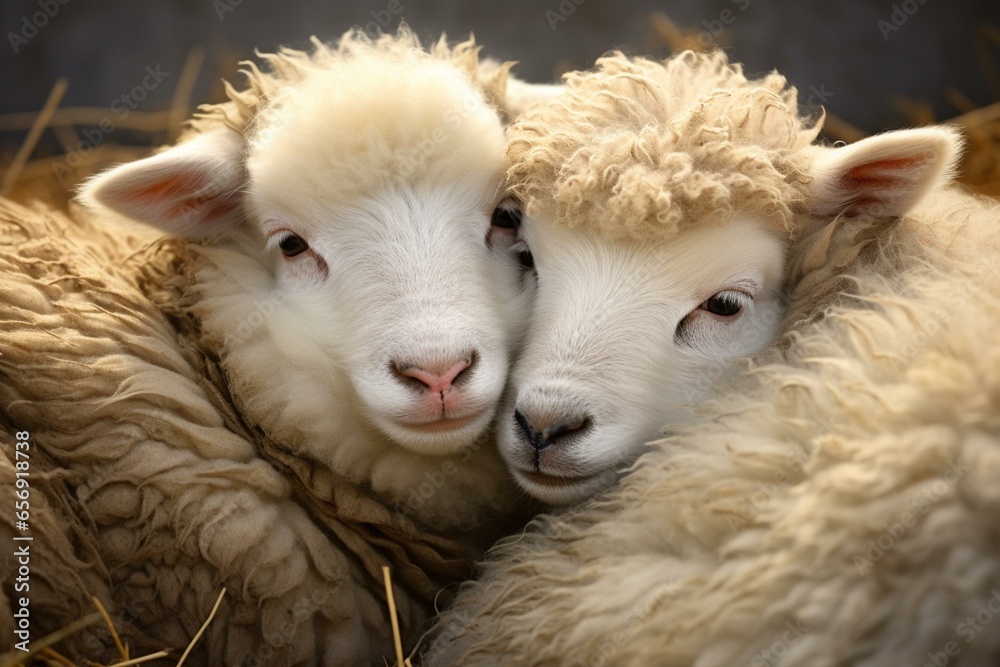 Two adorable sheep cuddling each other affectionately. Generative AI