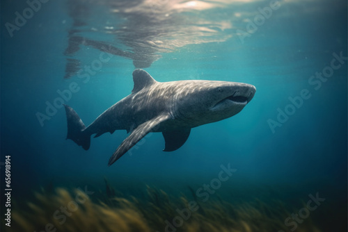 Greenland shark on a blue sea background.  © Nurdin